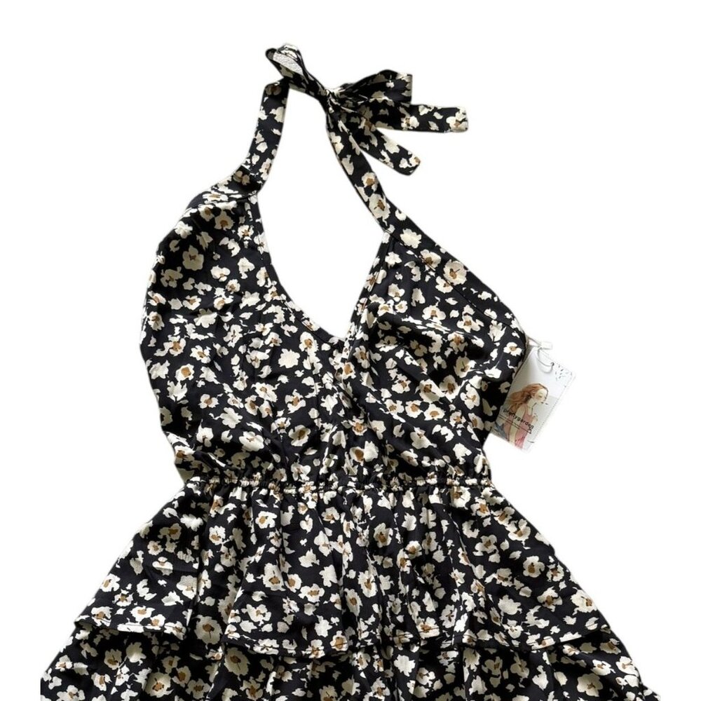 Prettygarden Womens Black Floral Halter Tiered Ruffle Dress M Cottagecore Party - Picture 2 of 8
